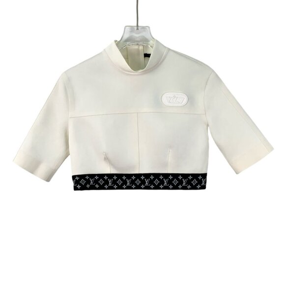 Louis Vuitton White Short-Sleeve Stand-Up Collar Top With Embossed Logo & Monogr - Picture 1 of 7